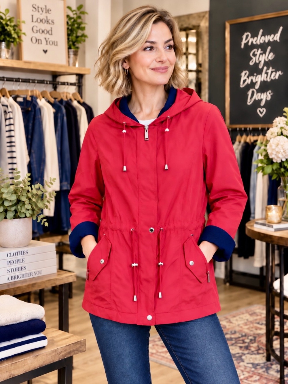 Liz Claiborne Women’s Red Hooded Anorak Jacket Petites PM Mid-Length Zip